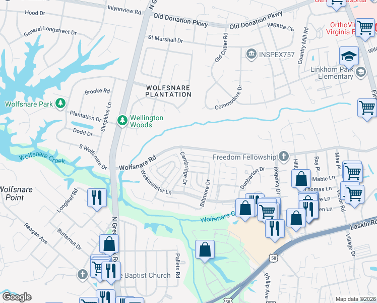 map of restaurants, bars, coffee shops, grocery stores, and more near 2166 Wolfsnare Road in Virginia Beach