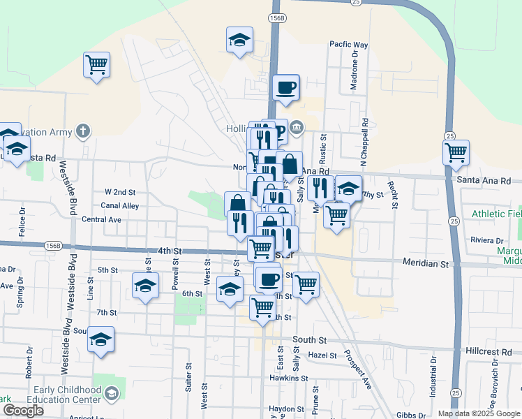 map of restaurants, bars, coffee shops, grocery stores, and more near 190 San Benito Street in Hollister