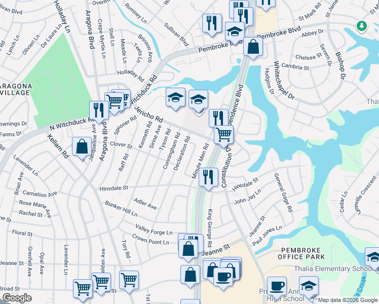 map of restaurants, bars, coffee shops, grocery stores, and more near 637 Breeds Hill Road in Virginia Beach