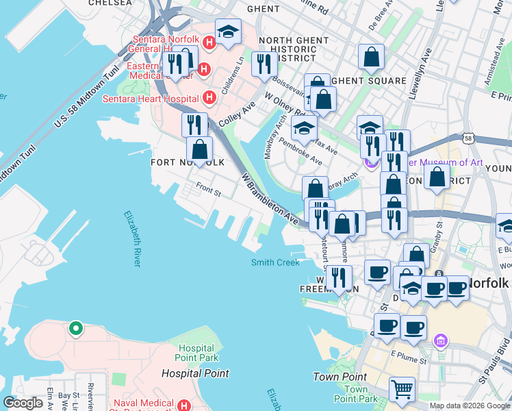 map of restaurants, bars, coffee shops, grocery stores, and more near 538 Front Street in Norfolk