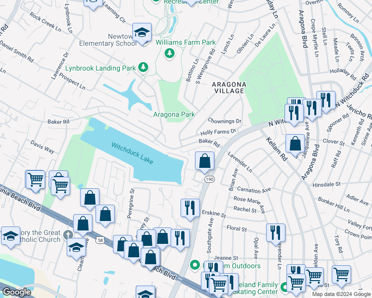 map of restaurants, bars, coffee shops, grocery stores, and more near 5268 Pirata Place in Virginia Beach