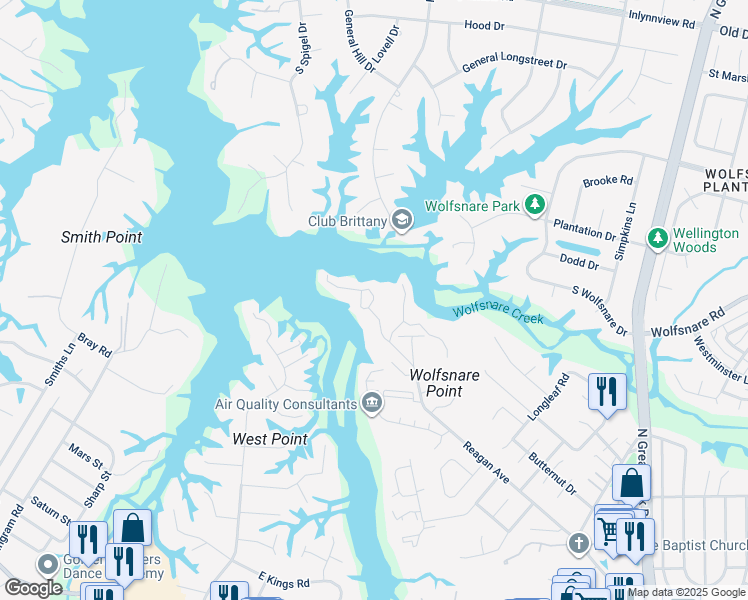 map of restaurants, bars, coffee shops, grocery stores, and more near Shearwater Cove in Virginia Beach