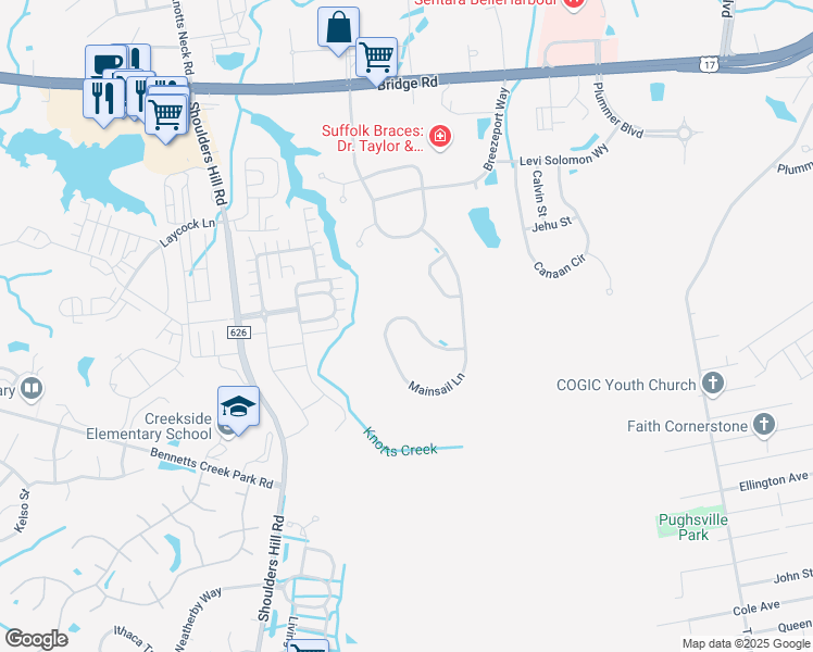 map of restaurants, bars, coffee shops, grocery stores, and more near 6074 Mainsail Lane in Suffolk