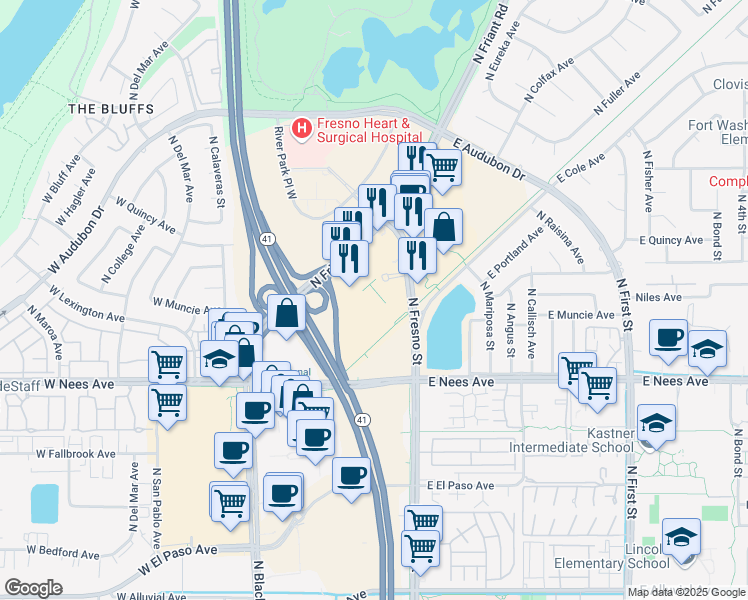 map of restaurants, bars, coffee shops, grocery stores, and more near 8355 North Fresno Street in Fresno