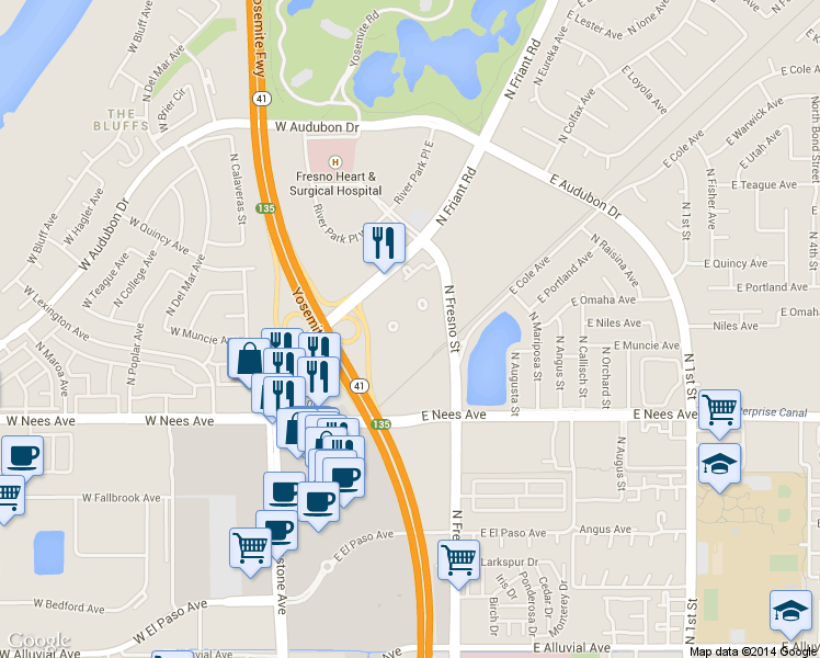 map of restaurants, bars, coffee shops, grocery stores, and more near 8355 North Fresno Street in Fresno
