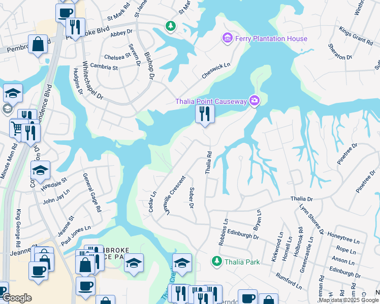 map of restaurants, bars, coffee shops, grocery stores, and more near 624 Cedar Lane in Virginia Beach