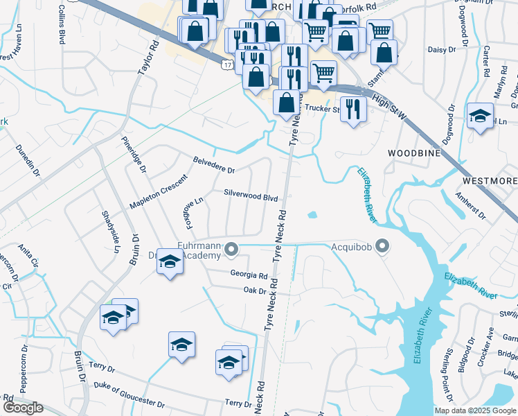 map of restaurants, bars, coffee shops, grocery stores, and more near 4009 Silverwood Boulevard in Chesapeake