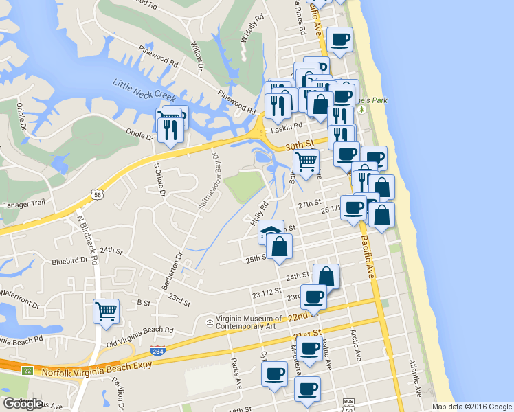 map of restaurants, bars, coffee shops, grocery stores, and more near 2828 Wiigwaas Lane in Virginia Beach