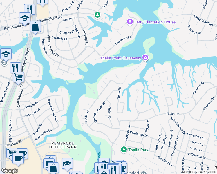 map of restaurants, bars, coffee shops, grocery stores, and more near 624 Cedar Lane in Virginia Beach