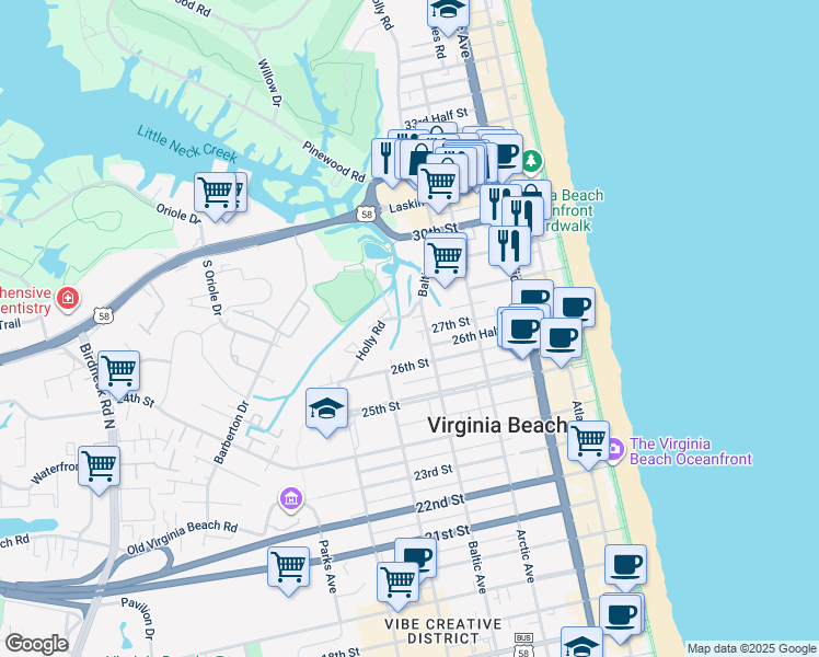 map of restaurants, bars, coffee shops, grocery stores, and more near 509 27th Street in Virginia Beach