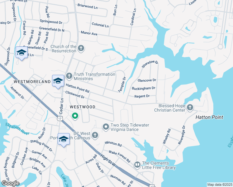 map of restaurants, bars, coffee shops, grocery stores, and more near 4417 Templar Drive in Portsmouth