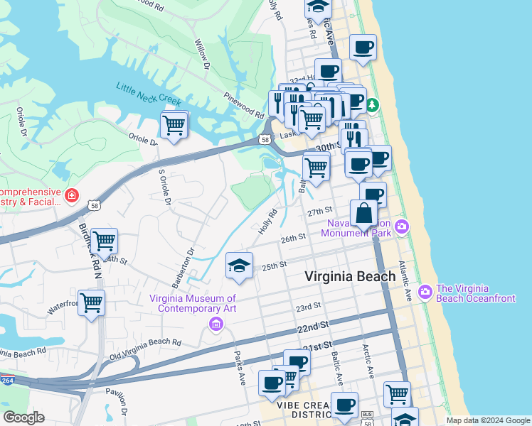 map of restaurants, bars, coffee shops, grocery stores, and more near 2824 Wiigwaas Lane in Virginia Beach