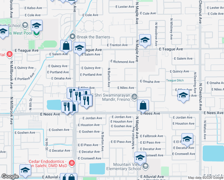 map of restaurants, bars, coffee shops, grocery stores, and more near 1802 East Niles Avenue in Fresno