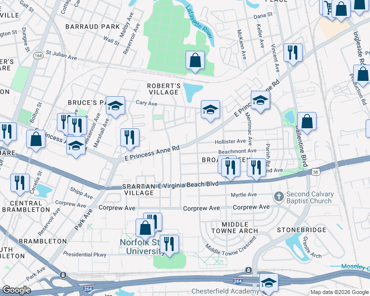 map of restaurants, bars, coffee shops, grocery stores, and more near 2615 Virginia 166 in Norfolk