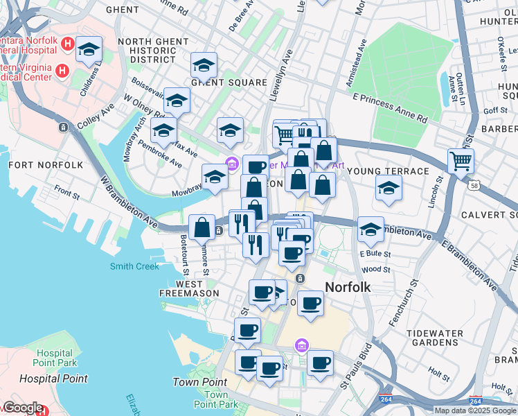 map of restaurants, bars, coffee shops, grocery stores, and more near 727 Boush Street in Norfolk