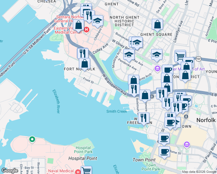 map of restaurants, bars, coffee shops, grocery stores, and more near 538 Front Street in Norfolk