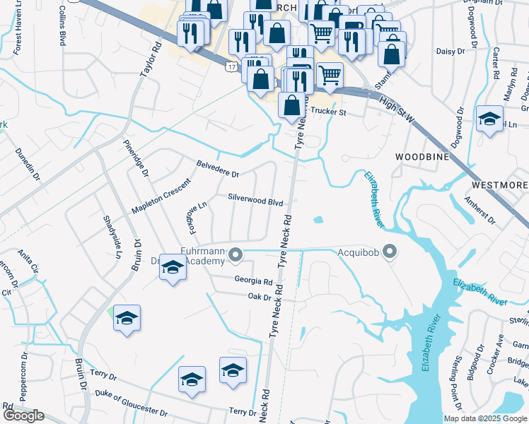 map of restaurants, bars, coffee shops, grocery stores, and more near 4009 Silverwood Boulevard in Chesapeake