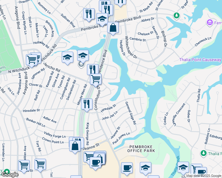 map of restaurants, bars, coffee shops, grocery stores, and more near 4400 Liberty Bell Court in Virginia Beach