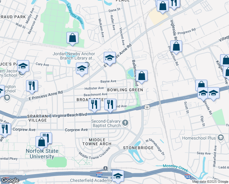 map of restaurants, bars, coffee shops, grocery stores, and more near 2924 Beachmont Avenue in Norfolk