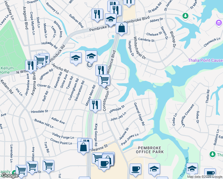 map of restaurants, bars, coffee shops, grocery stores, and more near 4404 Stamp Act Lane in Virginia Beach