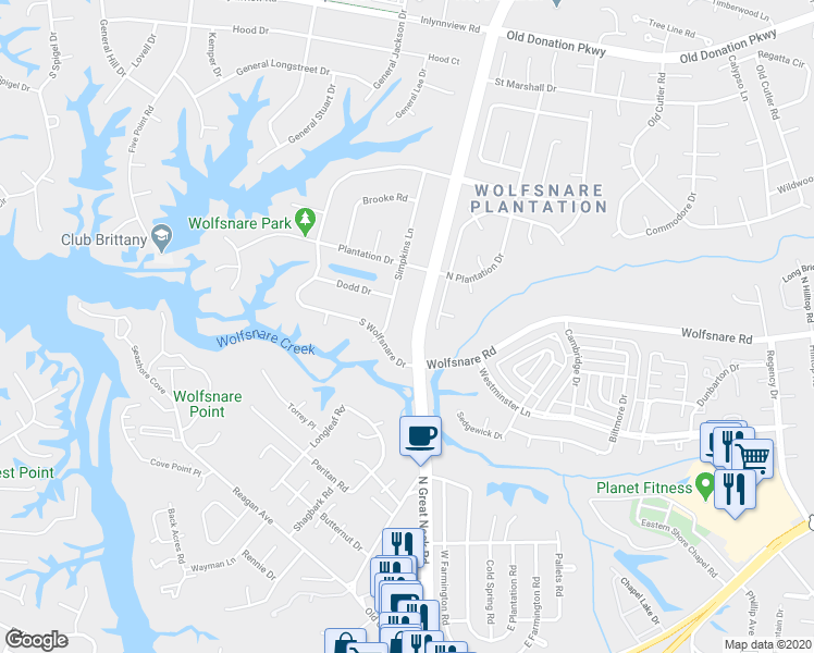 map of restaurants, bars, coffee shops, grocery stores, and more near 733 North Great Neck Road in Virginia Beach