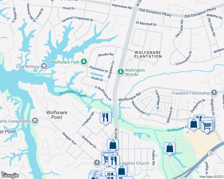 map of restaurants, bars, coffee shops, grocery stores, and more near 733 North Great Neck Road in Virginia Beach