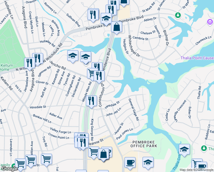 map of restaurants, bars, coffee shops, grocery stores, and more near 4404 Stamp Act Lane in Virginia Beach