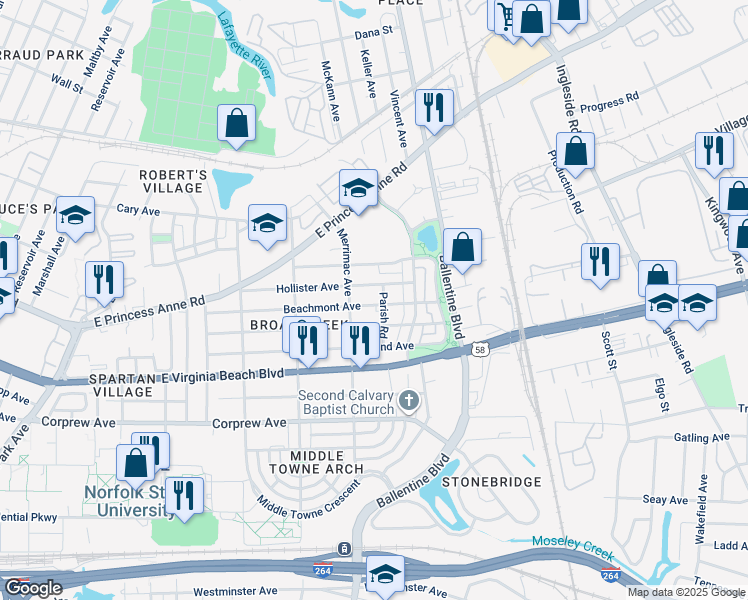 map of restaurants, bars, coffee shops, grocery stores, and more near 2924 Beachmont Avenue in Norfolk