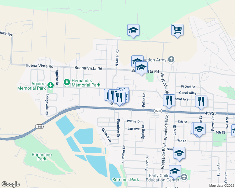 map of restaurants, bars, coffee shops, grocery stores, and more near 200 Lassen Court in Hollister