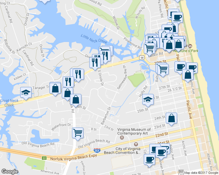 map of restaurants, bars, coffee shops, grocery stores, and more near 916 Oriole Drive in Virginia Beach