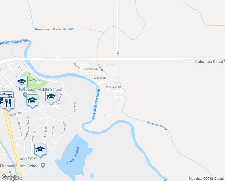 map of restaurants, bars, coffee shops, grocery stores, and more near 5888 Columbia Road in Firebaugh