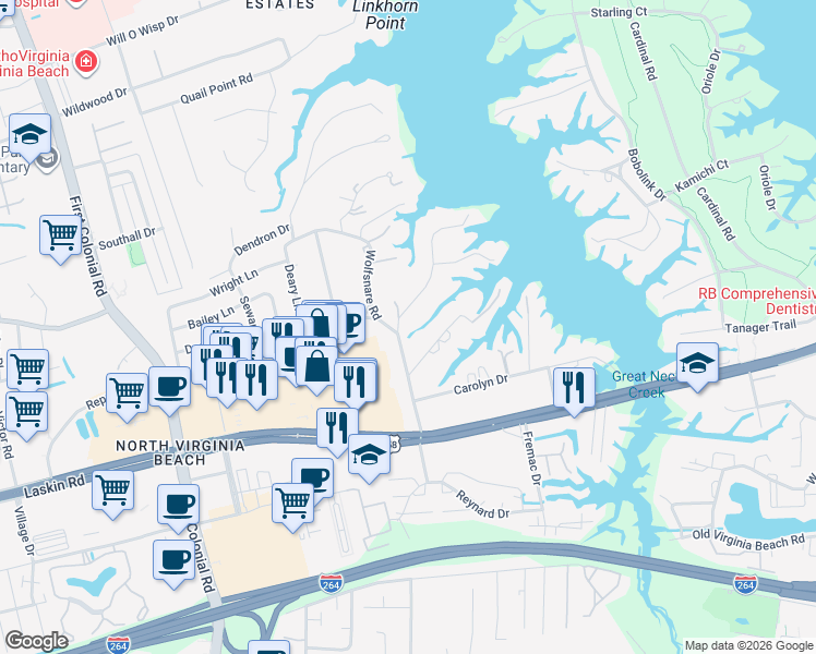map of restaurants, bars, coffee shops, grocery stores, and more near 880 Winwood Drive in Virginia Beach