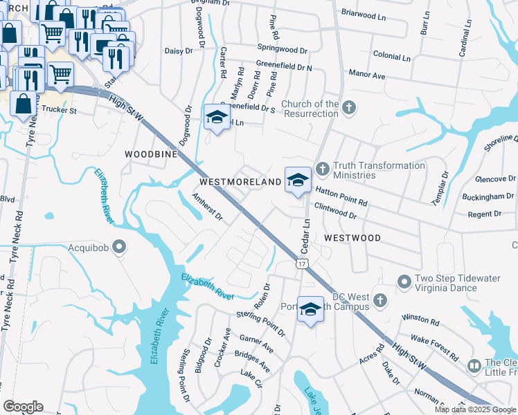 map of restaurants, bars, coffee shops, grocery stores, and more near 5100 High Street West in Portsmouth