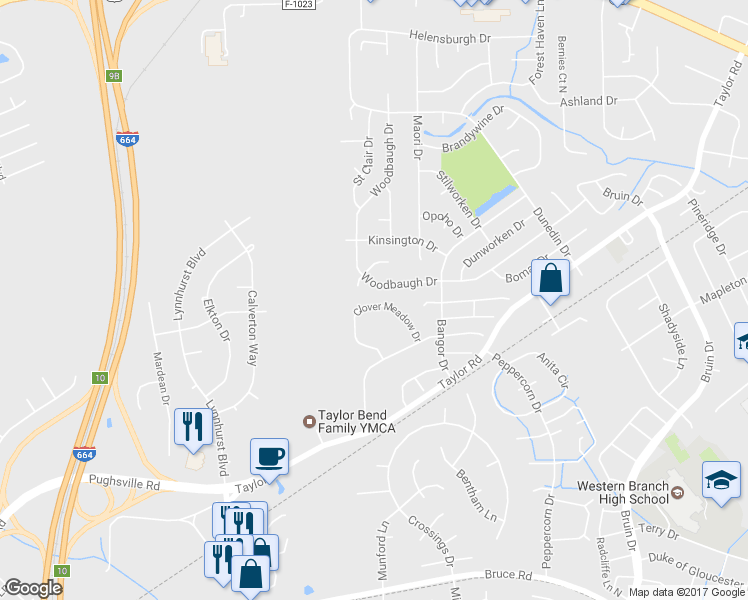 map of restaurants, bars, coffee shops, grocery stores, and more near 3430 Clover Meadow Drive in Chesapeake