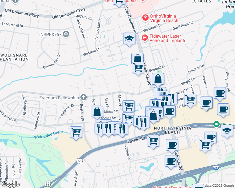 map of restaurants, bars, coffee shops, grocery stores, and more near 829 Mae Place in Virginia Beach