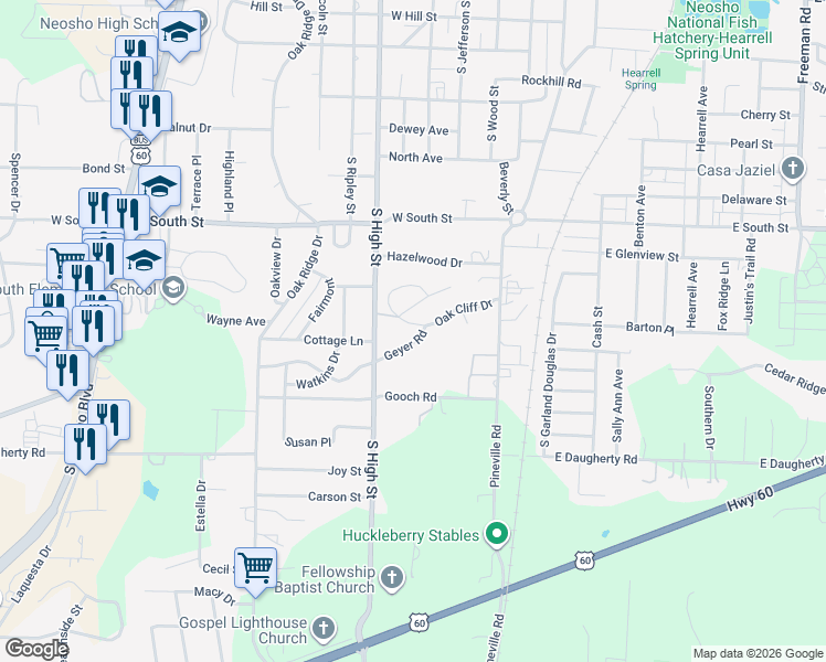 map of restaurants, bars, coffee shops, grocery stores, and more near 323-399 Oak Cliff Drive in Neosho