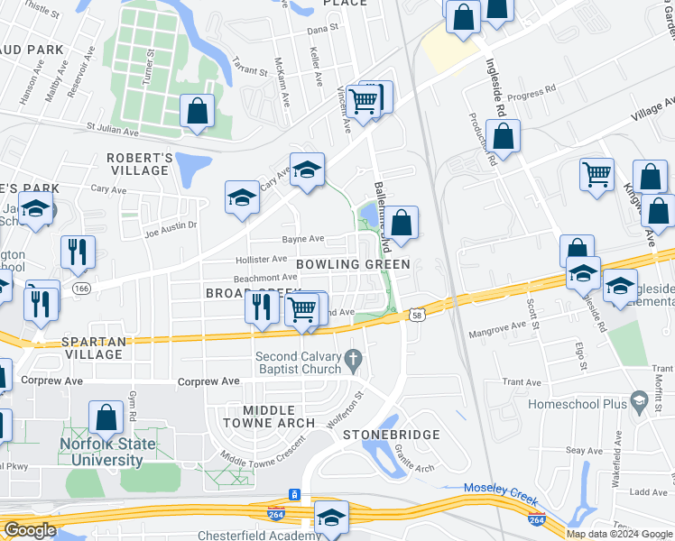map of restaurants, bars, coffee shops, grocery stores, and more near 2954 Beachmont Avenue in Norfolk