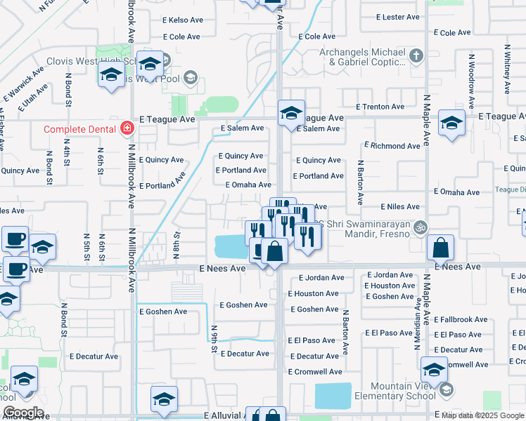 map of restaurants, bars, coffee shops, grocery stores, and more near 8145 North Cedar Avenue in Fresno