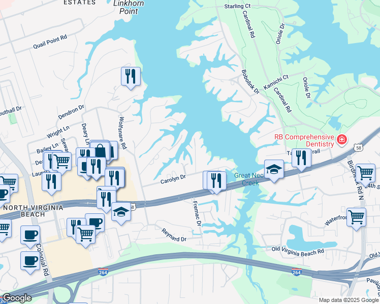 map of restaurants, bars, coffee shops, grocery stores, and more near 837 Linbay Drive in Virginia Beach