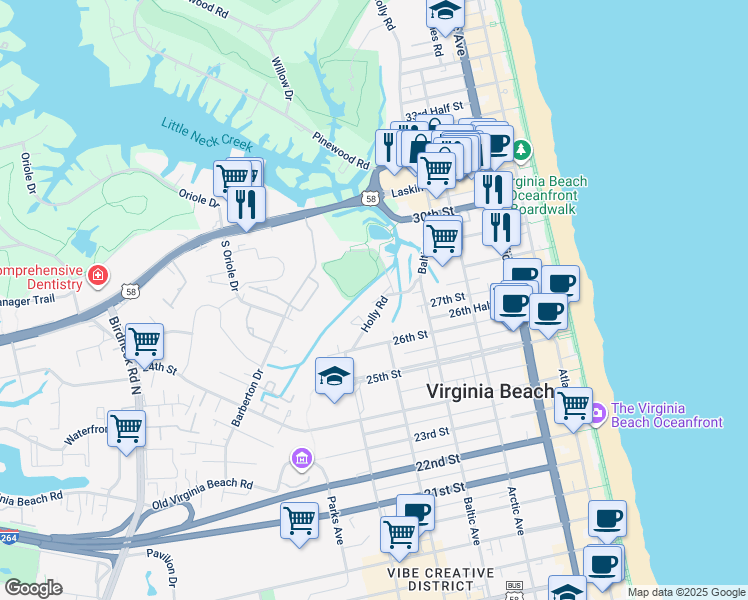 map of restaurants, bars, coffee shops, grocery stores, and more near 2812 Wiigwaas Lane in Virginia Beach