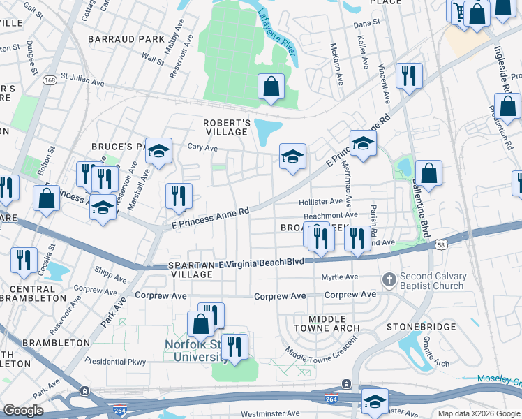 map of restaurants, bars, coffee shops, grocery stores, and more near 2615 Virginia 166 in Norfolk