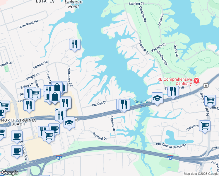 map of restaurants, bars, coffee shops, grocery stores, and more near 837 Linbay Drive in Virginia Beach