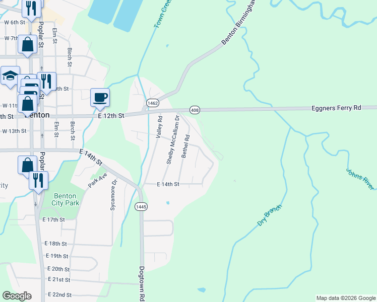 map of restaurants, bars, coffee shops, grocery stores, and more near 1286 Bethel Road in Benton