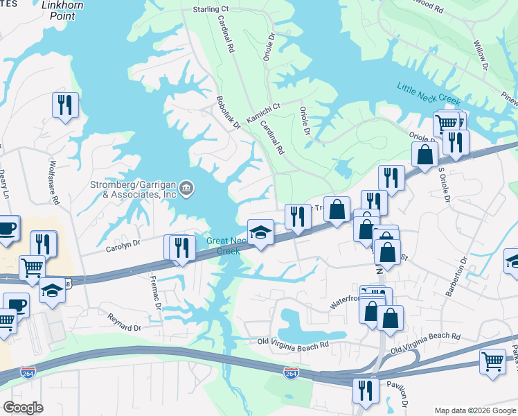 map of restaurants, bars, coffee shops, grocery stores, and more near 1252 Tanager Trail in Virginia Beach