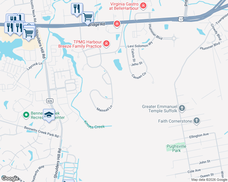 map of restaurants, bars, coffee shops, grocery stores, and more near 6023 Mainsail Lane in Suffolk