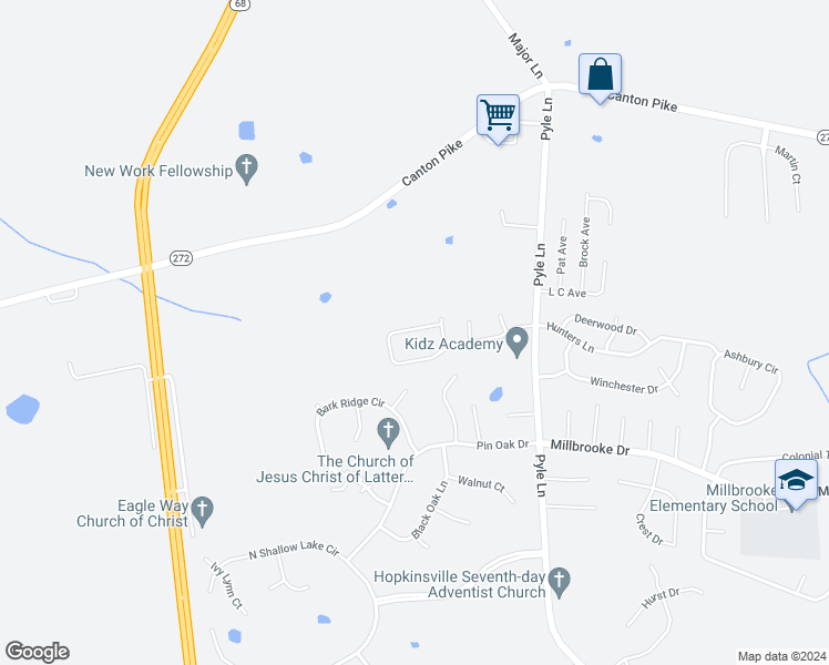 map of restaurants, bars, coffee shops, grocery stores, and more near 1458 Wilshire Circle in Hopkinsville