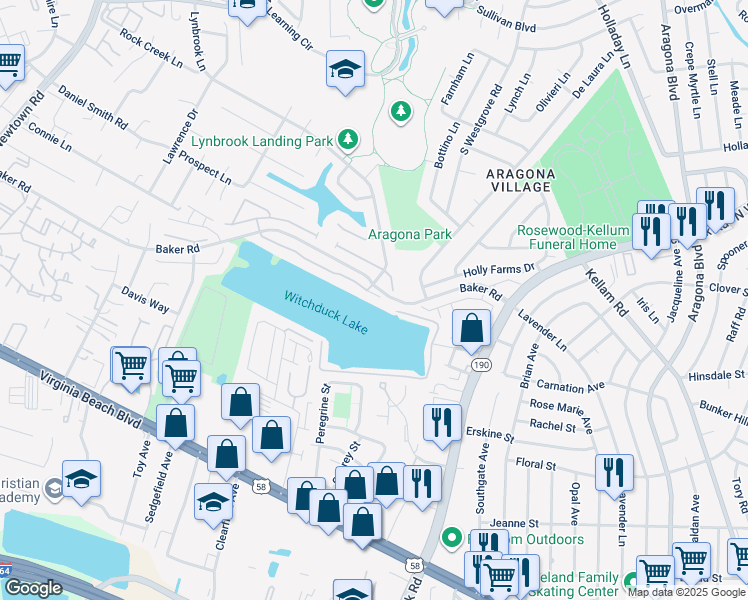 map of restaurants, bars, coffee shops, grocery stores, and more near 5409 Bulls Bay Drive in Virginia Beach