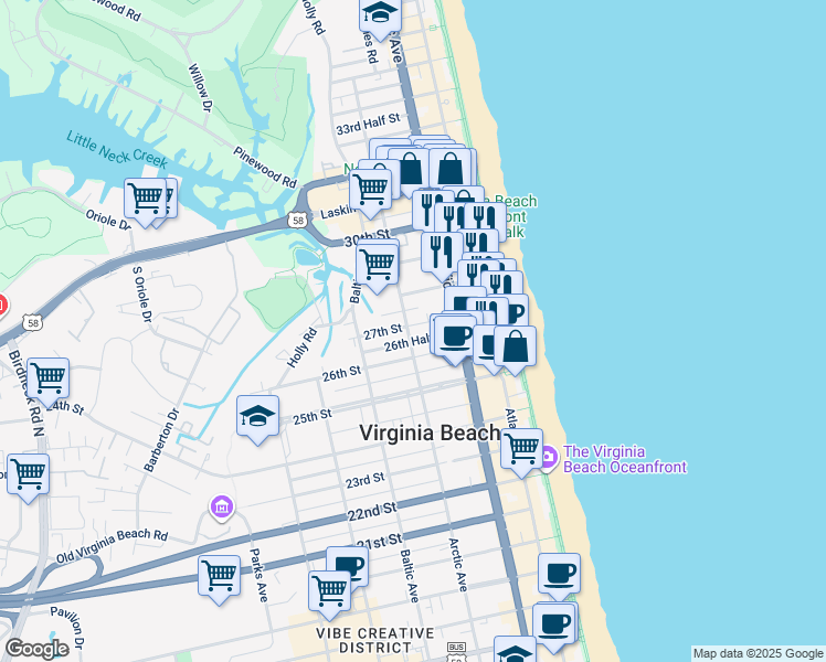map of restaurants, bars, coffee shops, grocery stores, and more near 314 27th Street in Virginia Beach