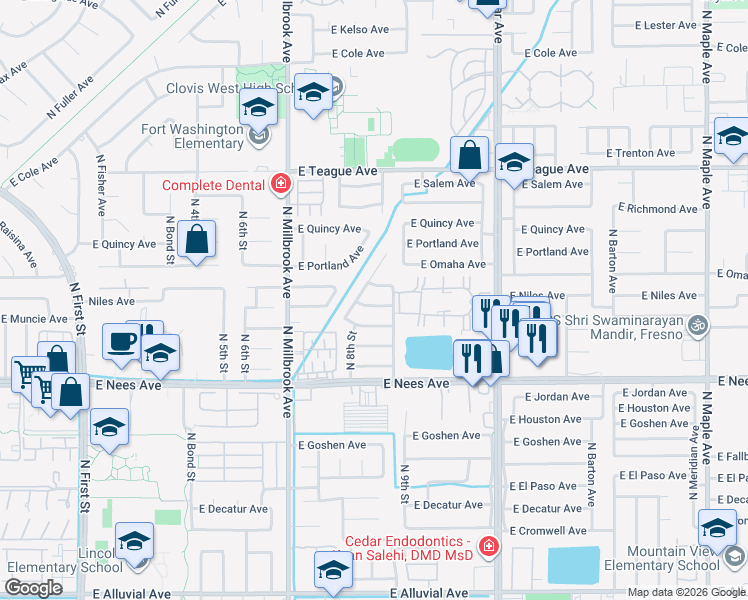 map of restaurants, bars, coffee shops, grocery stores, and more near 1225 East Omaha Avenue in Fresno
