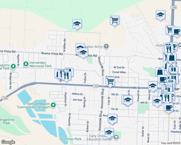 map of restaurants, bars, coffee shops, grocery stores, and more near 1111 Central Avenue in Hollister